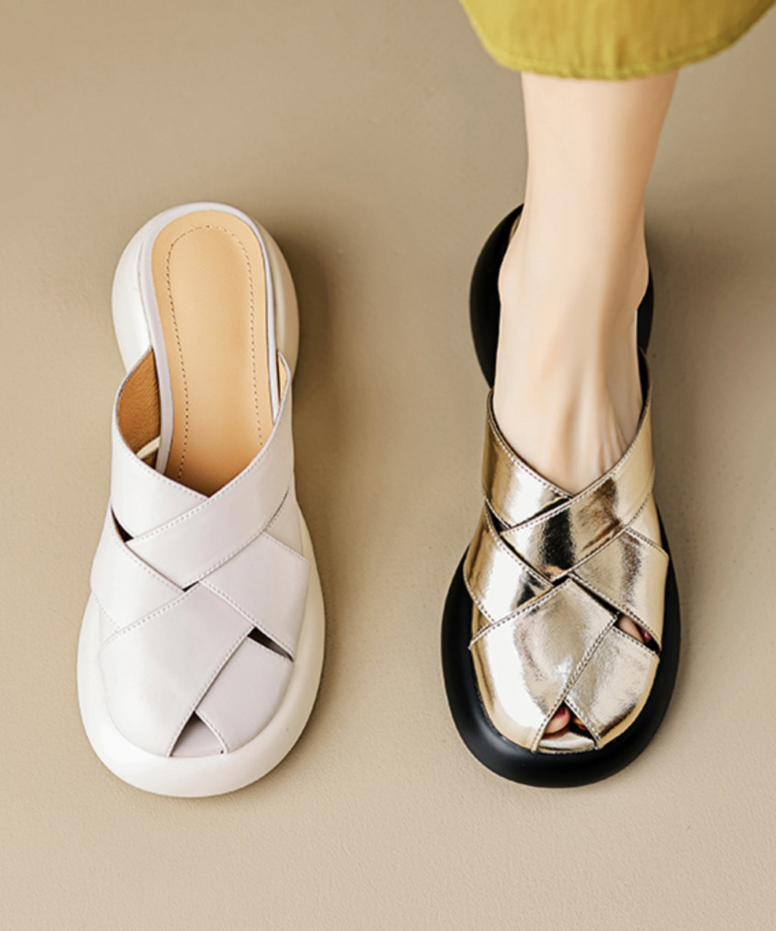 Sandals Platform Slide White Leather Cowhide French Splicing
