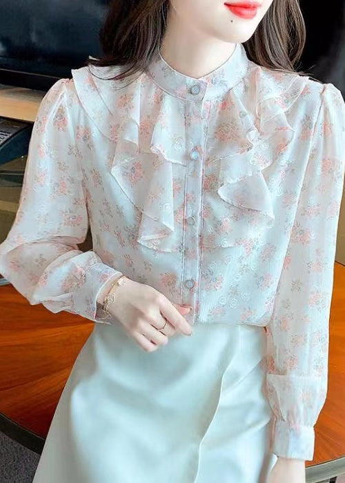 French Stand Collar Ruffled Print Chiffon Shirt Top Summer BV043