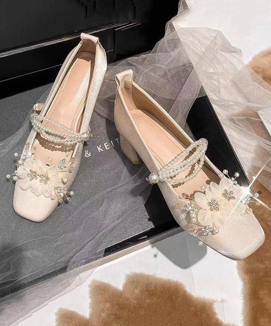 Französische süße Blumen-Mary-Jane-Schuhe aus Satin mit dickem Absatz JJ003