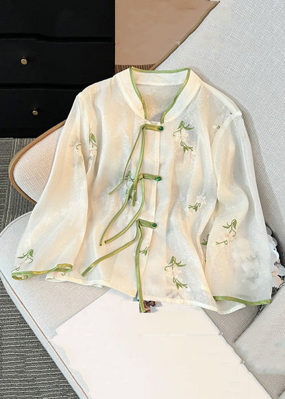 French White Chinese Button Embroidered Chiffon Shirt Long Sleeve JH064