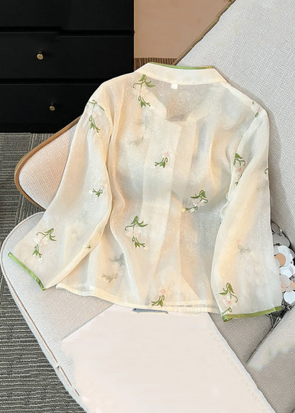 French White Chinese Button Embroidered Chiffon Shirt Long Sleeve JH064