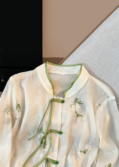 French White Chinese Button Embroidered Chiffon Shirt Long Sleeve JH064