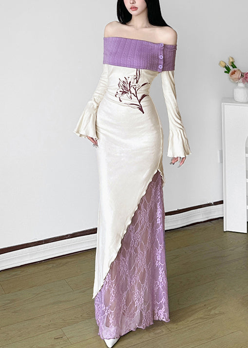 Französisches weißes kaltes Schulter-Patchwork-Baumwoll-Partykleid Frühling YP034