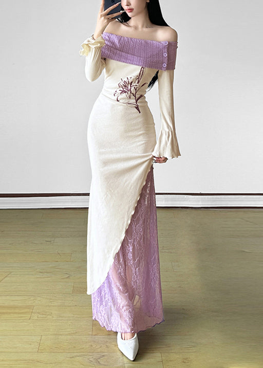 Französisches weißes kaltes Schulter-Patchwork-Baumwoll-Partykleid Frühling YP034