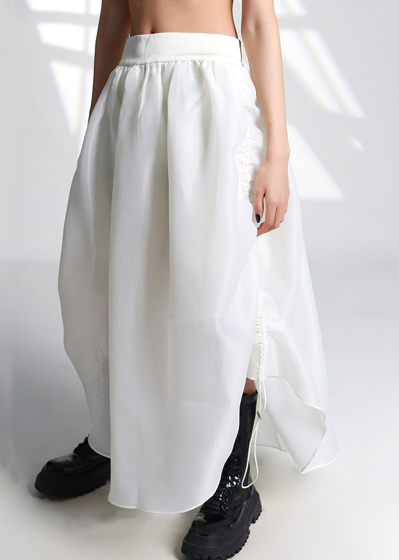 French White Drawstring High Waist Tulle Skirt Summer Ada Fashion