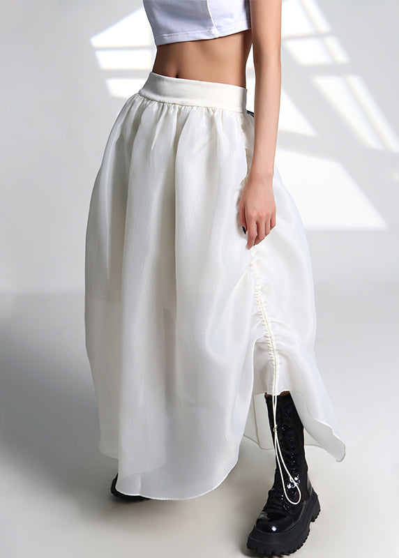 French White Drawstring High Waist Tulle Skirt Summer Ada Fashion