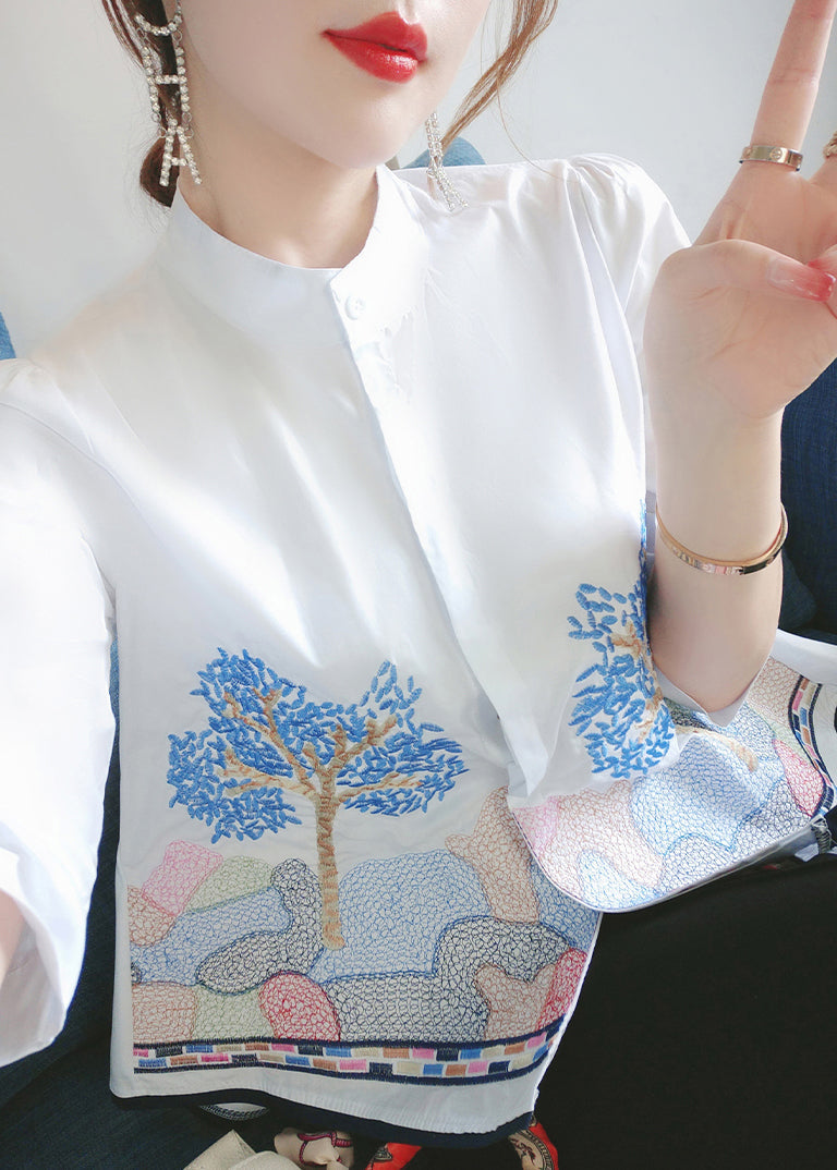 French White Embroidered Button Cotton Shirts Bracelet Sleeve Ada Fashion