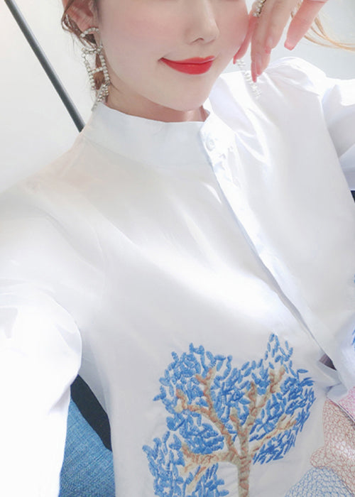 French White Embroidered Button Cotton Shirts Bracelet Sleeve Ada Fashion