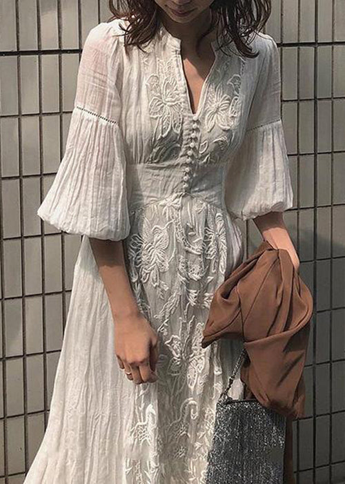 Lantern Long High Embroidered Dress Waist White Sleeve French
