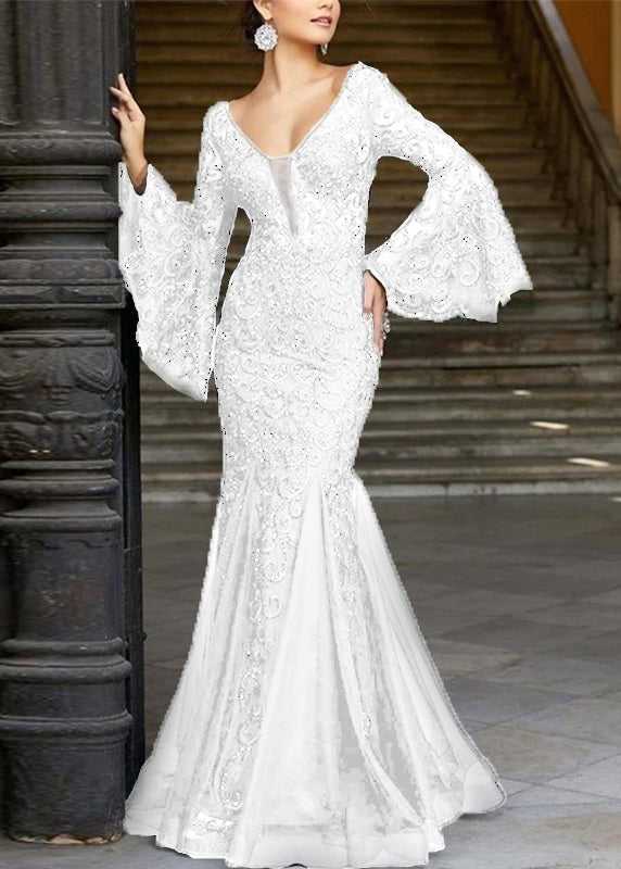 Embroidered Sleeve French Fishtail Flare Dresses Lace Solid White