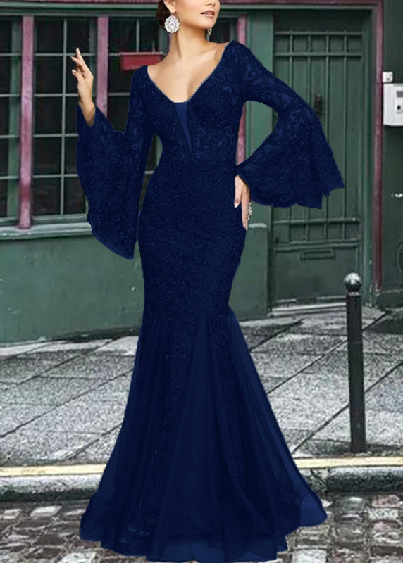 Embroidered Sleeve French Fishtail Flare Dresses Lace Solid White