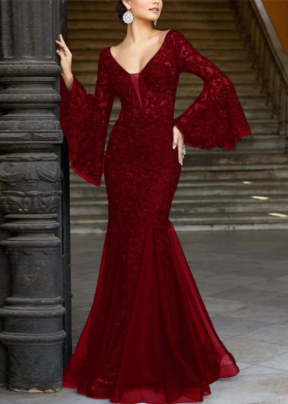 Embroidered Sleeve French Fishtail Flare Dresses Lace Solid White