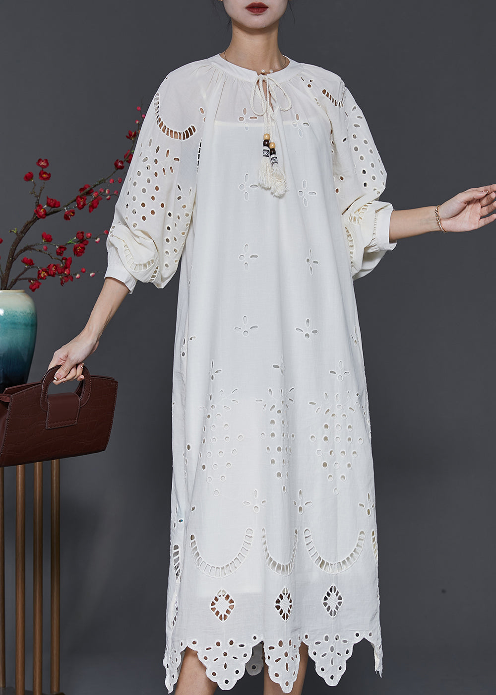 Robe longue en coton blanc ajouré français printemps SD1031