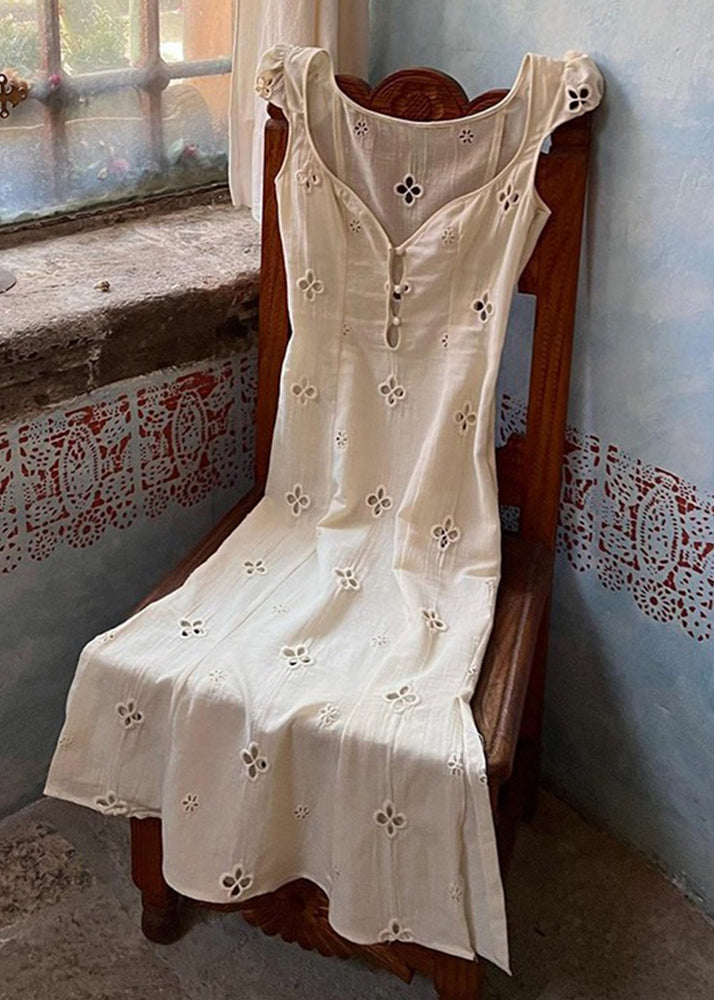 French White Hollow Out Embroidered Cotton Slim Fit Dress Summer AL1072