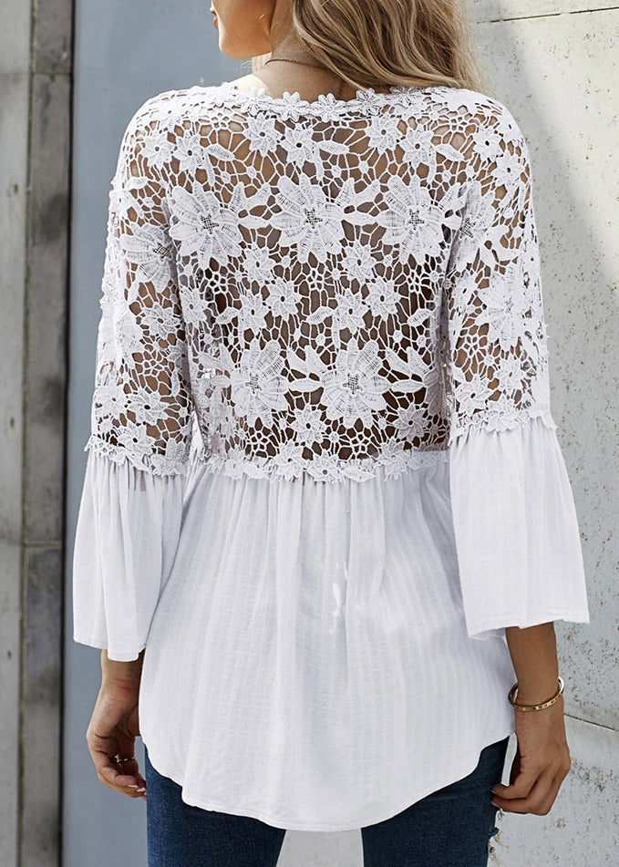 Shirts White Patchwork Flare French Sleeve Lace