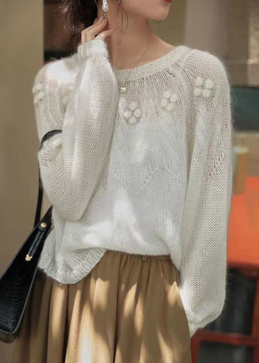 Französisch Weiß O Neck Aushöhlen Patchwork Stricken Pullover Langarm TU025