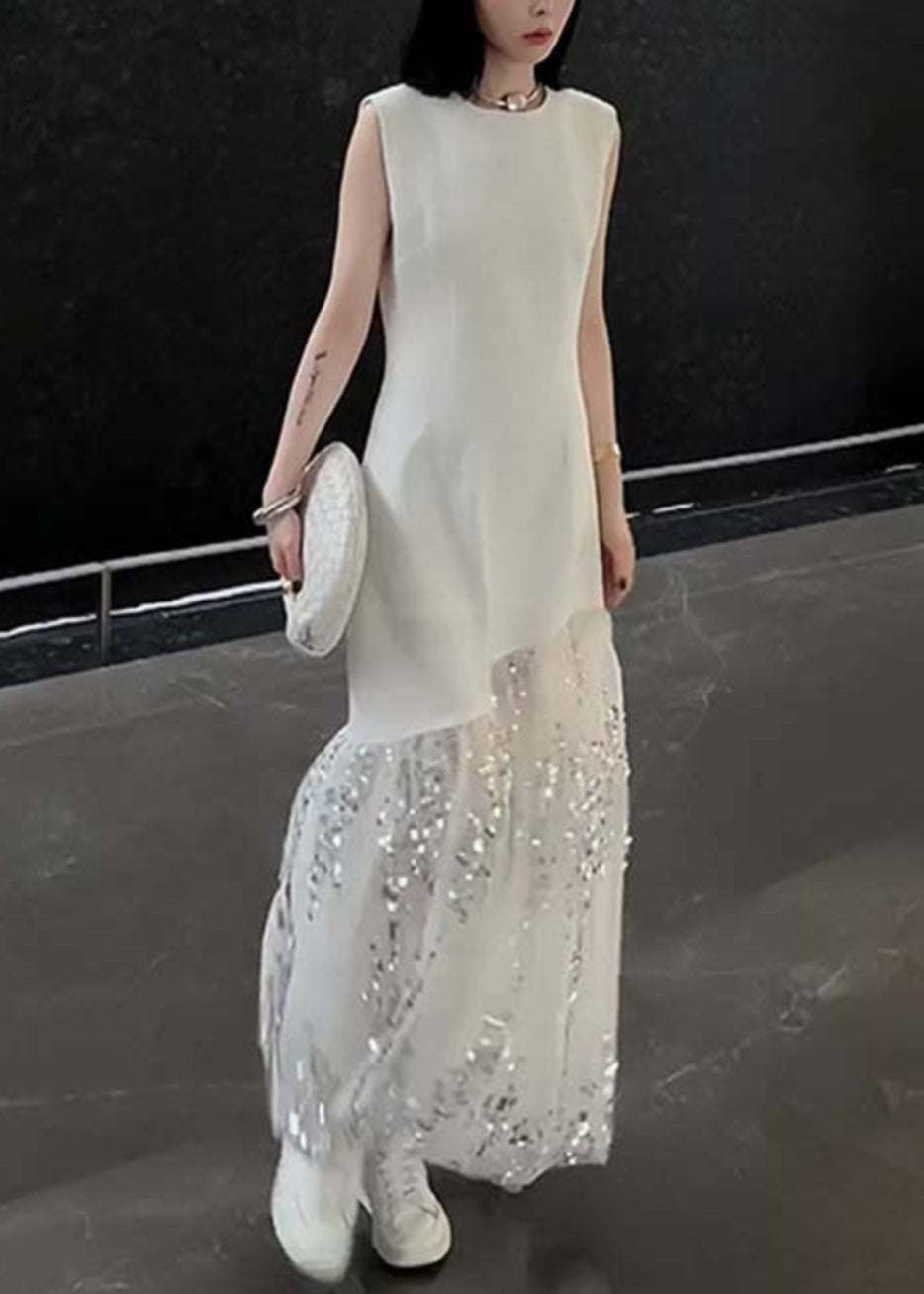 Robe patchwork en tulle à paillettes et col rond blanc français sans manches ZL045