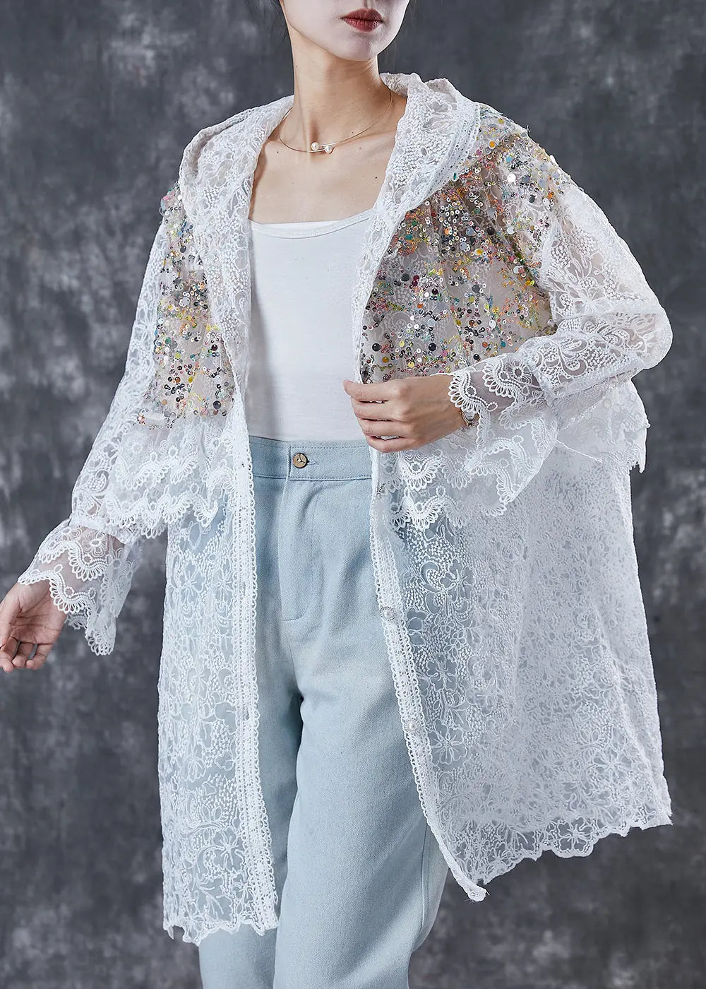 French White Sequins Hollow Out Lace Jackets Spring Ada Fashion