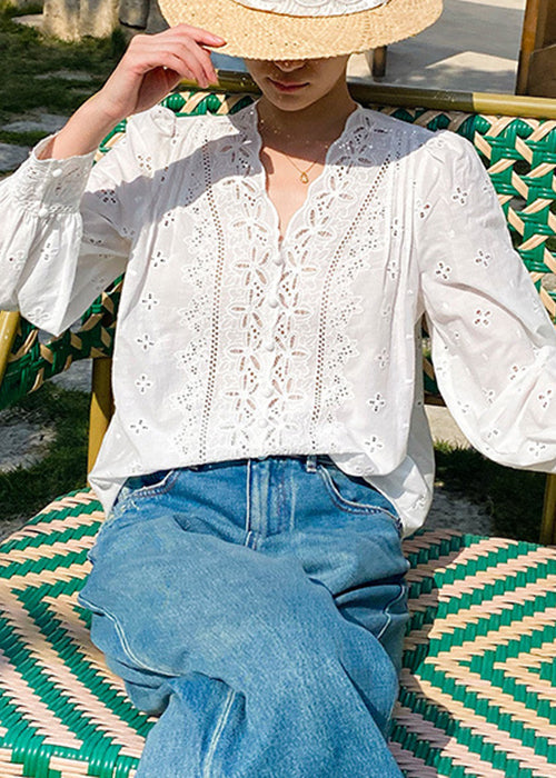 Chemise à col français brodée blanche en V, en coton, printemps