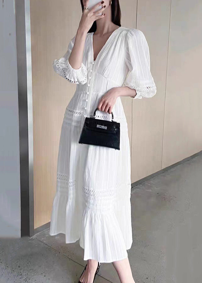 Hollow Sleeve French Cotton Dress V Out Bracelet Neck White