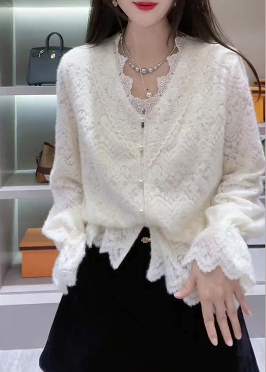 French White V Neck Patchwork Lace Top Spring TN026