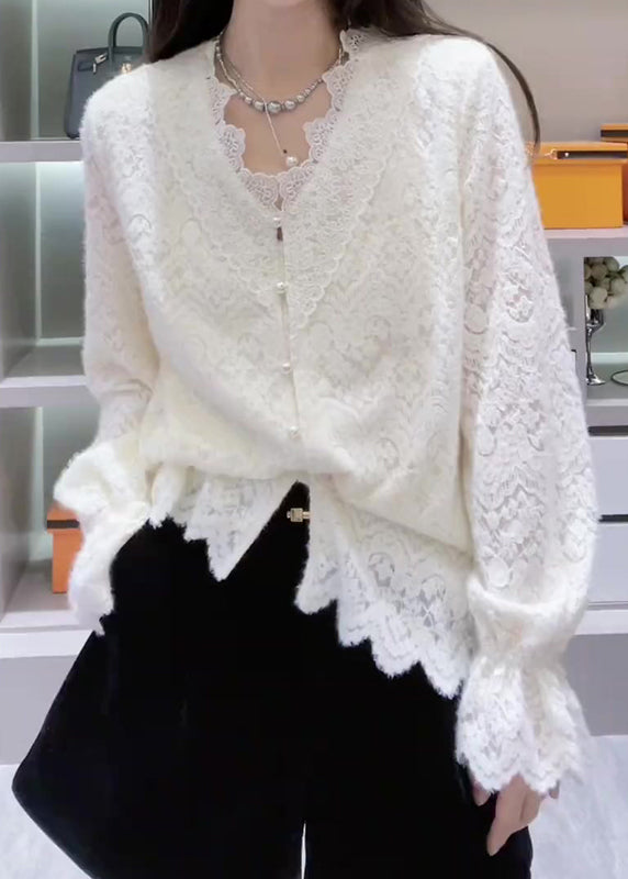 French White V Neck Patchwork Lace Top Spring TN026