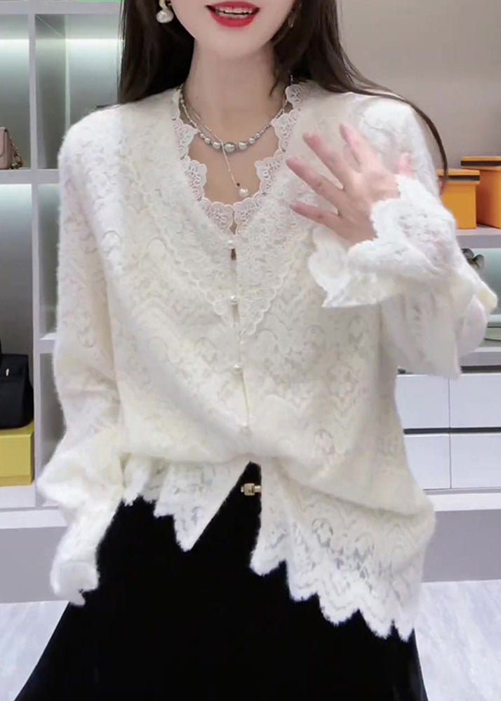 French White V Neck Patchwork Lace Top Spring TN026