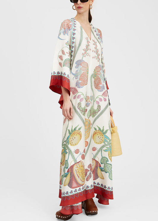 Robe longue en coton français à col montant et imprimé printanier en dentelle blanche