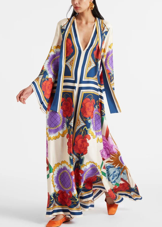 Robe longue en coton français à col montant et imprimé printanier en dentelle blanche