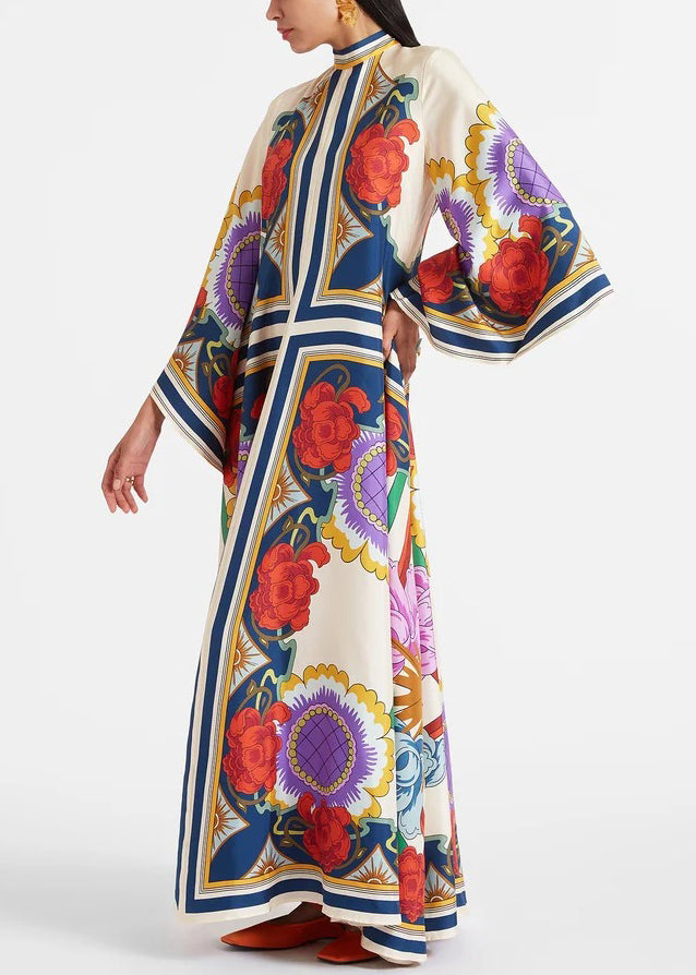 Robe longue en coton français à col montant et imprimé printanier en dentelle blanche