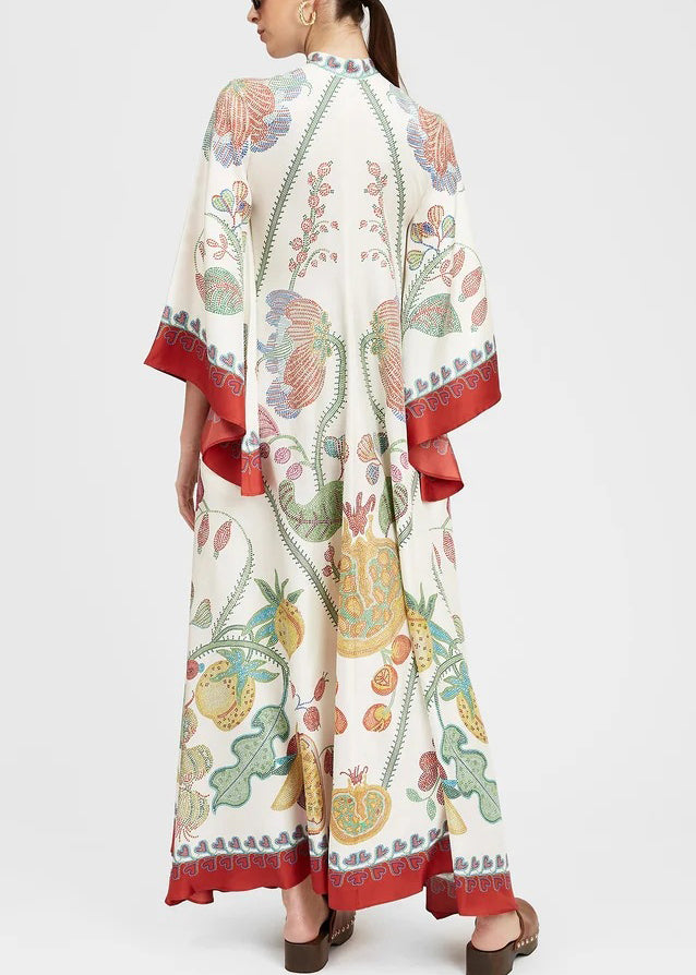 Robe longue en coton français à col montant et imprimé printanier en dentelle blanche