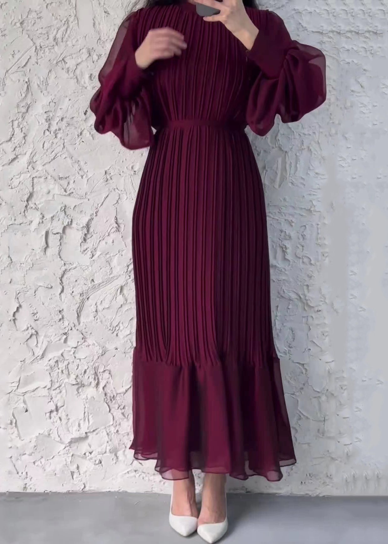 French Wine Red Wrinkled High Waist Chiffon Dress Fall QL008