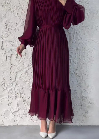 French Wine Red Wrinkled High Waist Chiffon Dress Fall QL008