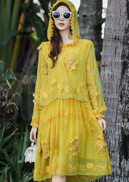 French Yellow Embroidered Patchwork Silk Hooded Dresses Summer YY015