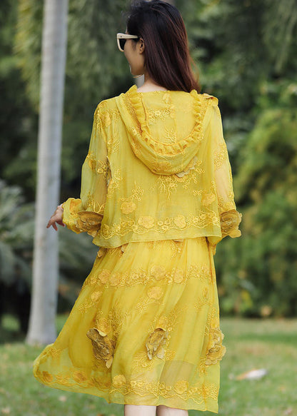 French Yellow Embroidered Patchwork Silk Hooded Dresses Summer YY015