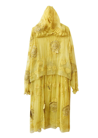 French Yellow Embroidered Patchwork Silk Hooded Dresses Summer YY015