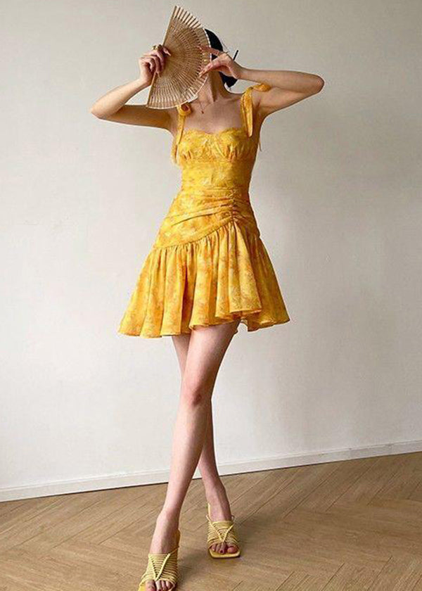 Robe d'été à bretelles fines brodée jaune française EE1001