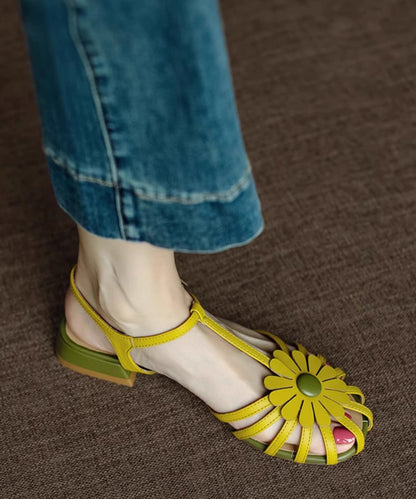 French Yellow Hollow Out Sandals Splicing Floral Chunky AA019