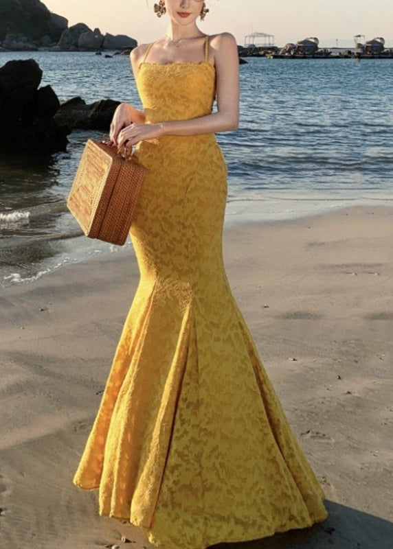 Robe longue à bretelles spaghetti jaune à imprimé queue de poisson