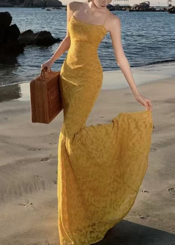 Robe longue à bretelles spaghetti jaune à imprimé queue de poisson