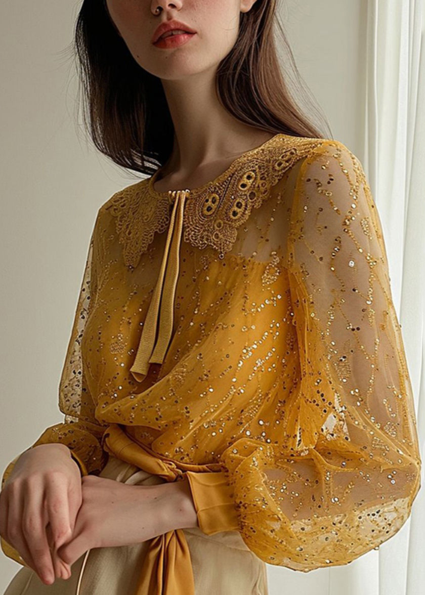 French Yellow Sequins Patchwork Tulle Shirt Long Sleeve OP1067