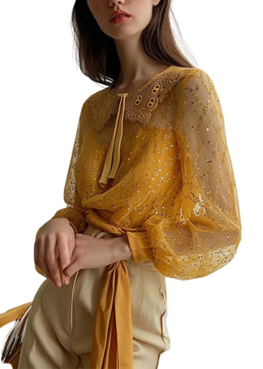 French Yellow Sequins Patchwork Tulle Shirt Long Sleeve OP1067