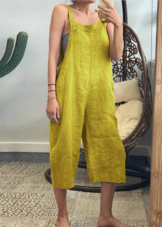 French Yellow Solid High Waist Cotton Jumpsuits Sleeveless FF051