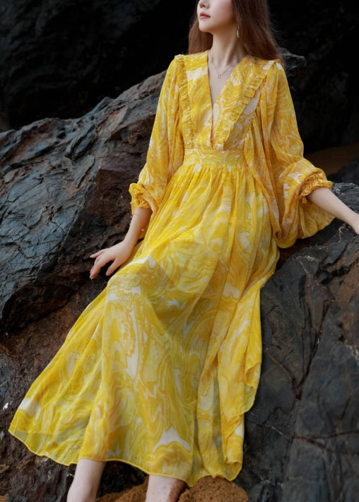 Waist Neck Maxi Print V French Chiffon Lantern Yellow Dresses Tie