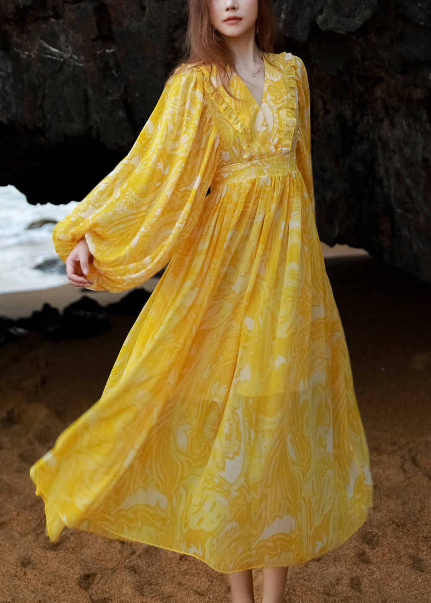 Waist Neck Maxi Print V French Chiffon Lantern Yellow Dresses Tie