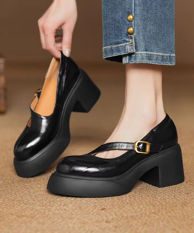 Leather Chunky Cowhide Buckle Gold Splicing Classy Heel Strap