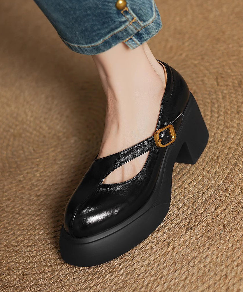 Leather Chunky Cowhide Buckle Gold Splicing Classy Heel Strap