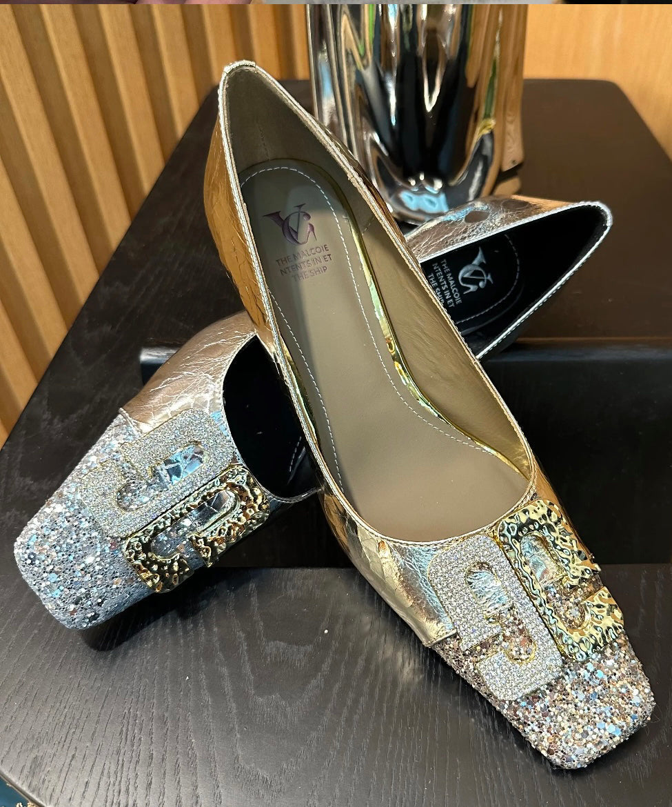 Chic Chunky Zirkon Splicing Toe Heels Square High Gold