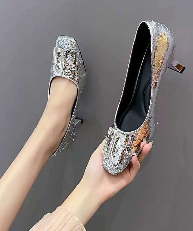 Chic Chunky Zirkon Splicing Toe Heels Square High Gold