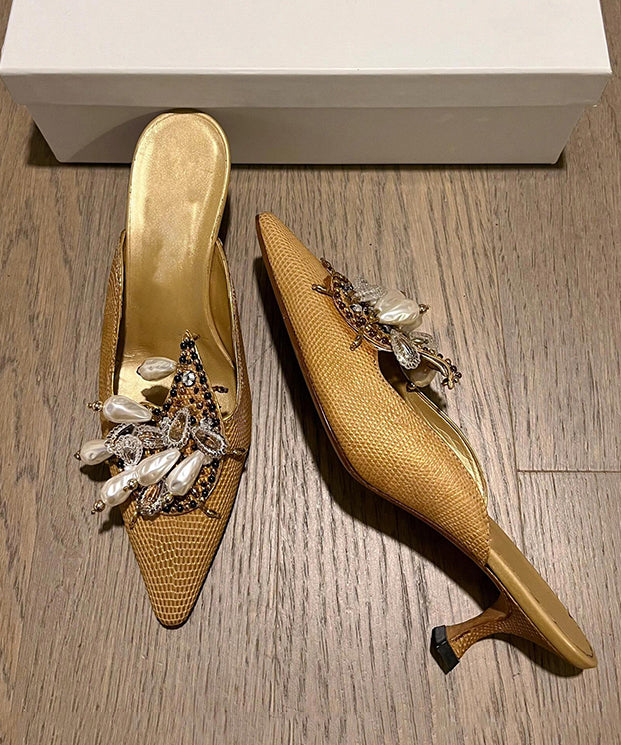 Bead French 2025 New Slide Pointed Sandals Decorated Toe Golden